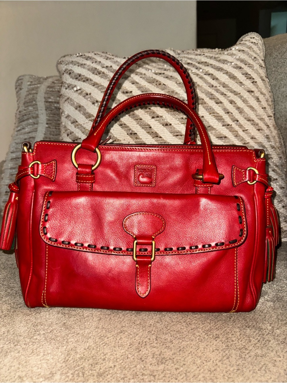 Dooney & Bourke Red Leather pocket Satchel with Brass Hardware